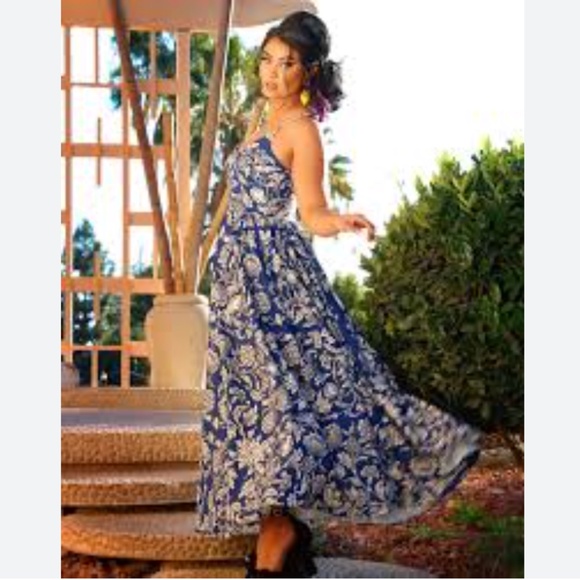 2X Amalie Maxi Gown in Blue & White Capri Floral Crepe - Picture 2 of 9